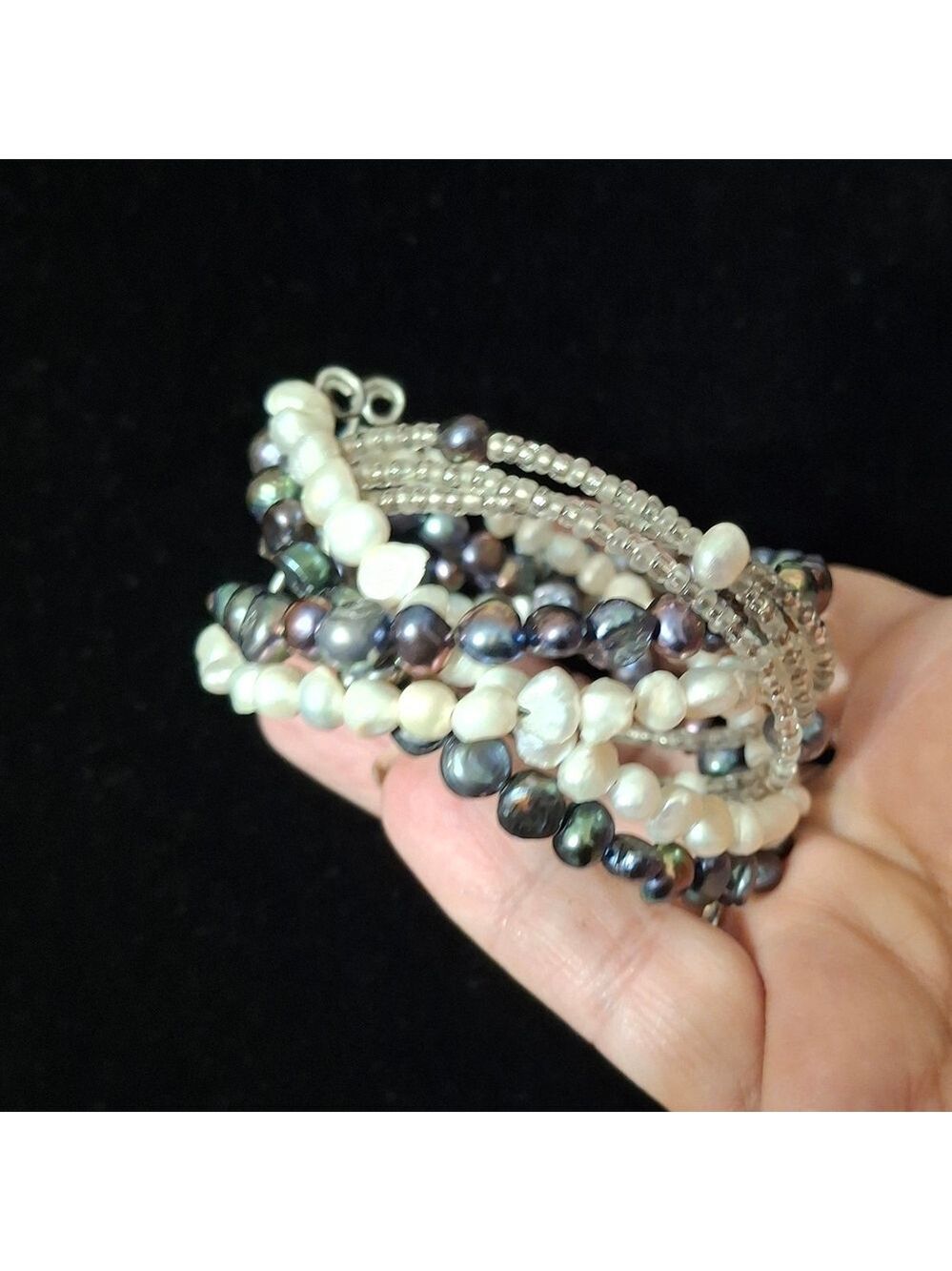 Genuine White And Peacock Pearls Cuff Bracelet